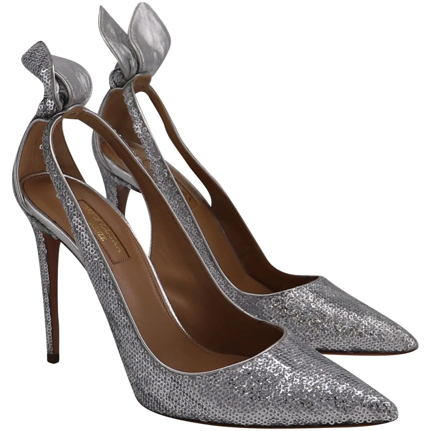 Aquazzura Bow Tie Sequined Pumps in Silver Leather