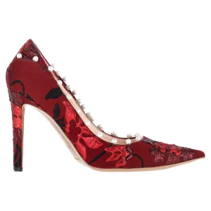 Aquazzura Pearl Embellished Pumps in Red Cotton