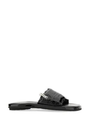 Black Lamb Leather Slide Sandal With Glossy Finish