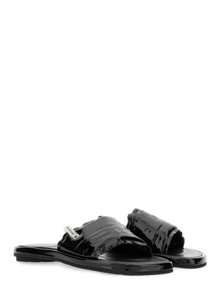 Black Lamb Leather Slide Sandal With Glossy Finish