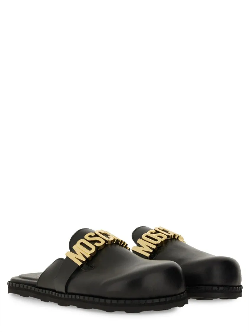 Black Leather Sandal With Logo Detail