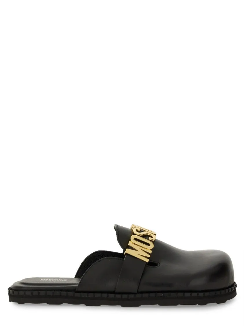Black Leather Sandal With Logo Detail