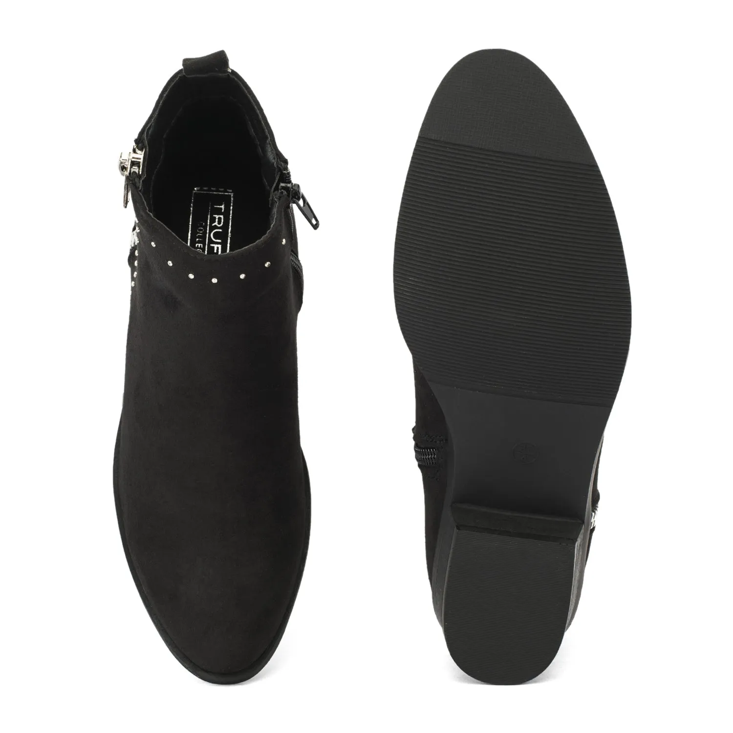 Black Suede Zip Up Stud Ankle Boots