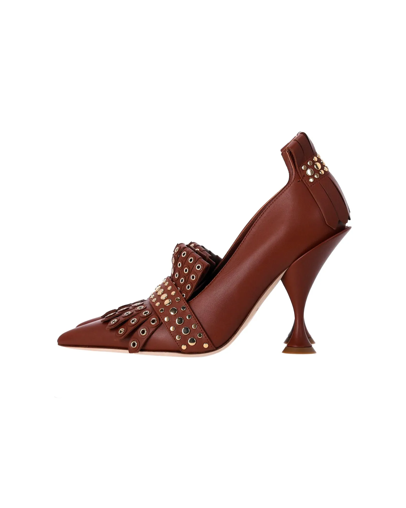 Burberry Studded Fringed Pumps in Brown Leather