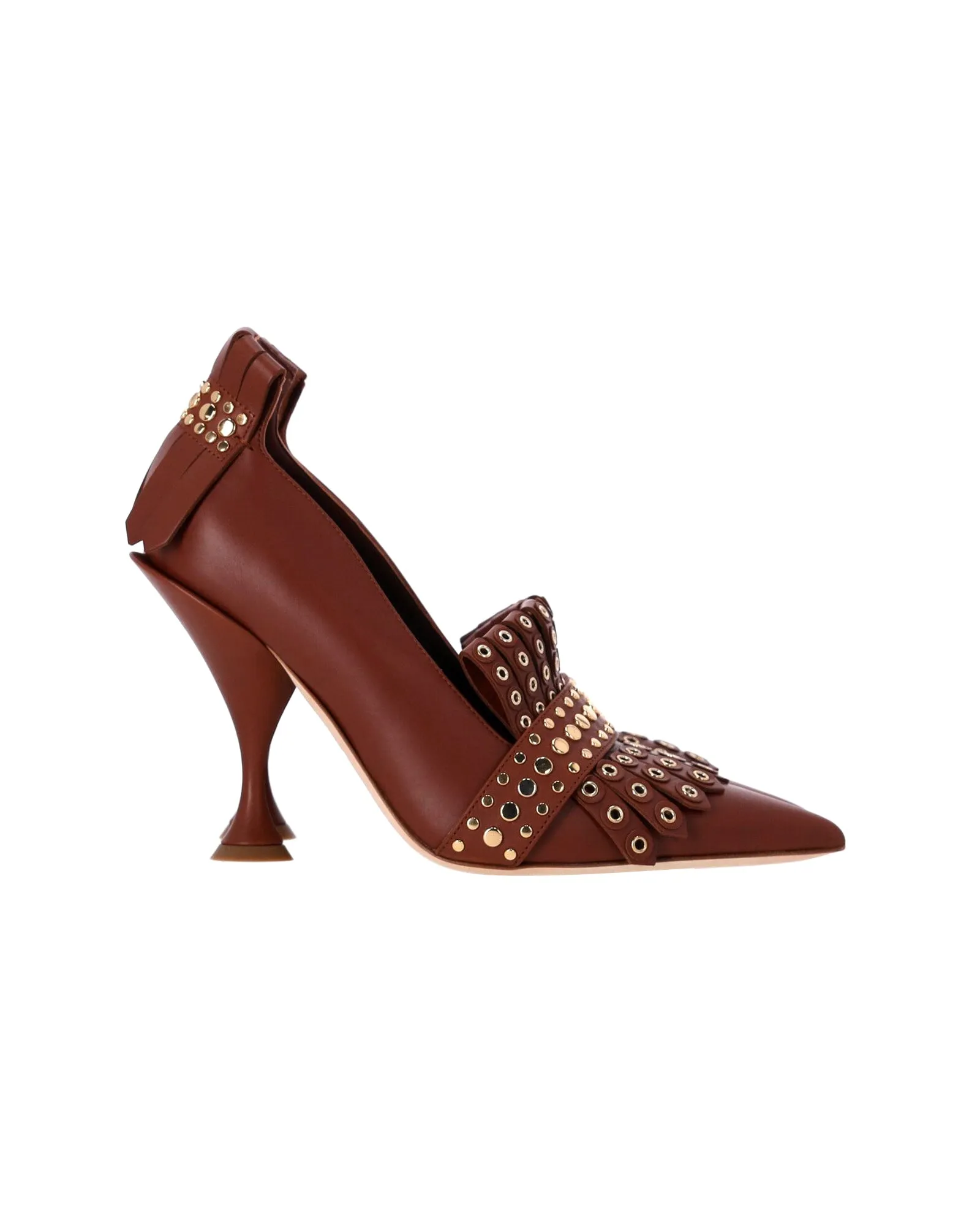 Burberry Studded Fringed Pumps in Brown Leather
