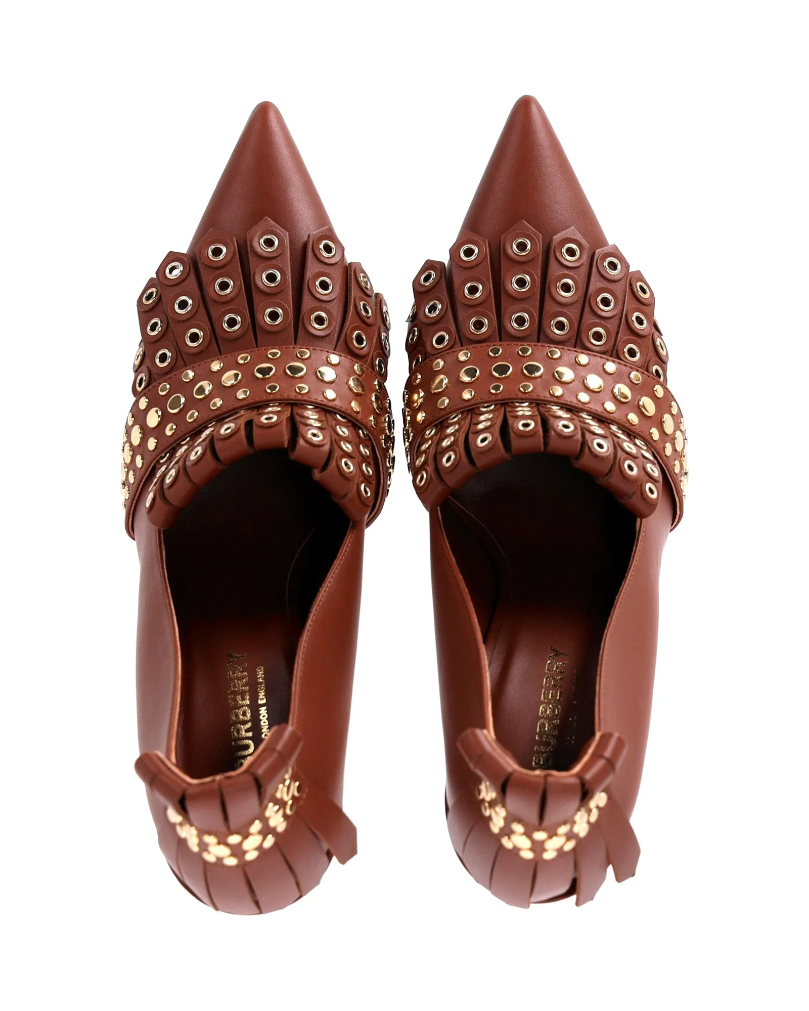 Burberry Studded Fringed Pumps in Brown Leather