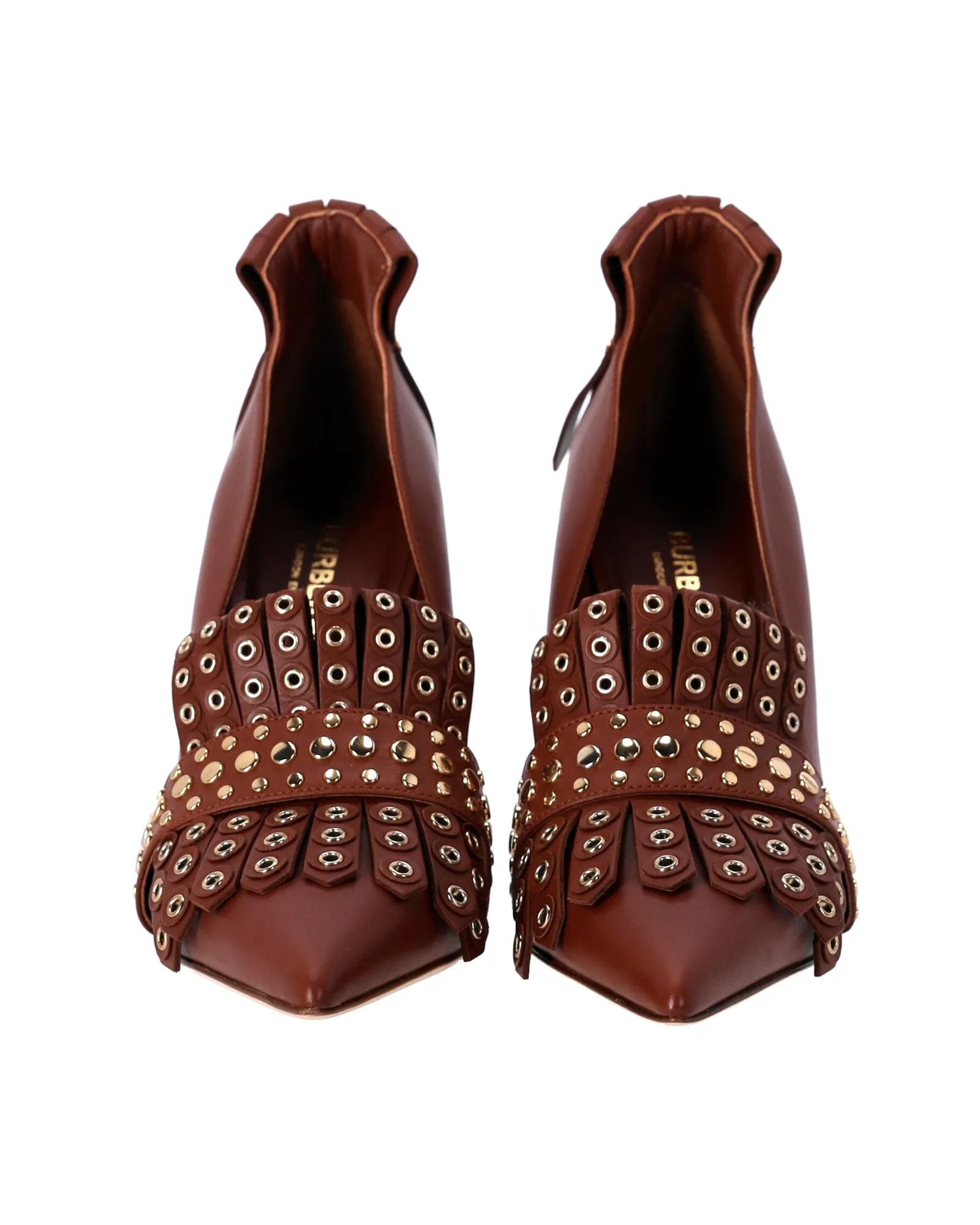 Burberry Studded Fringed Pumps in Brown Leather
