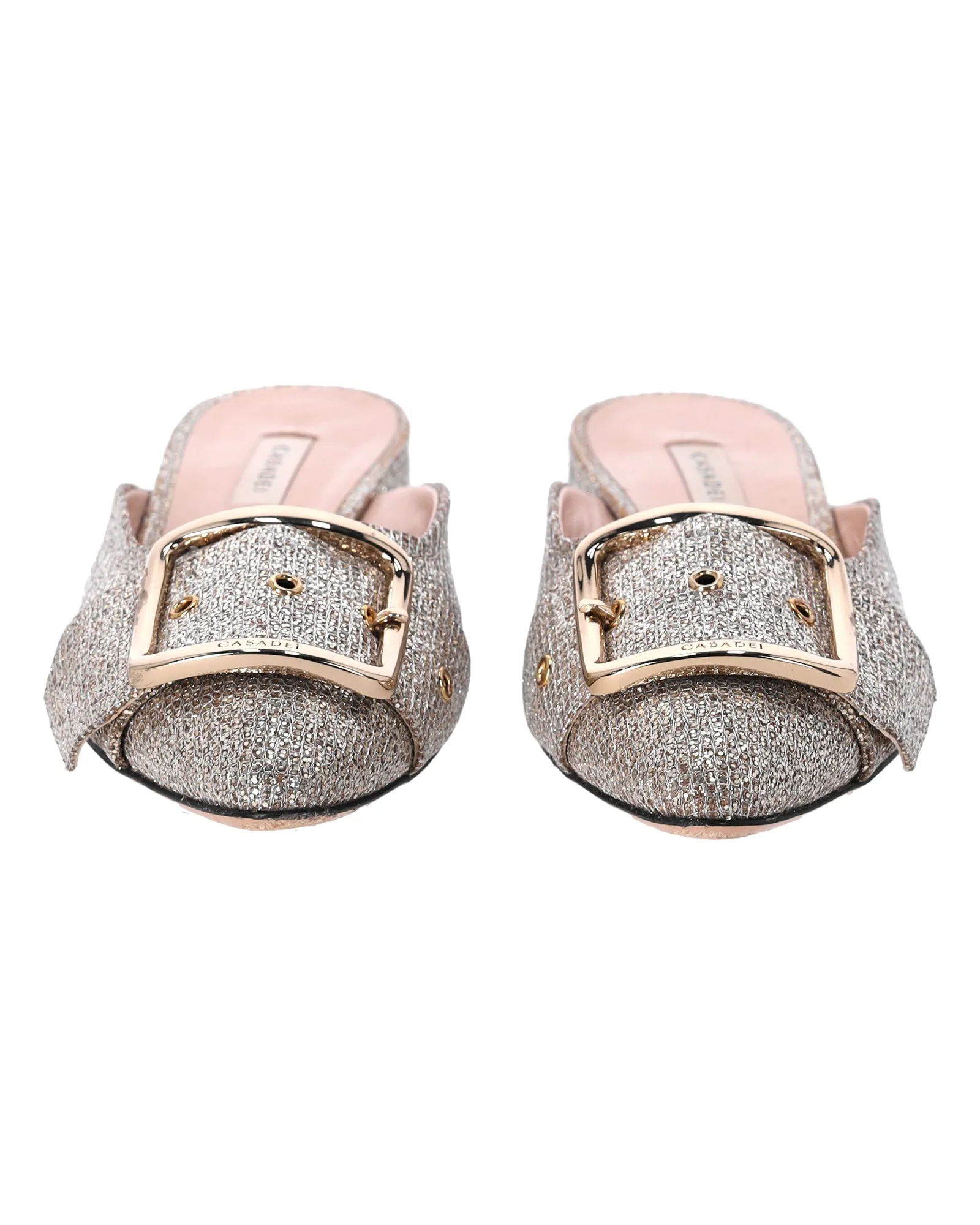 Casadei Alexa Low-Heel Mules in Gold Glitter
