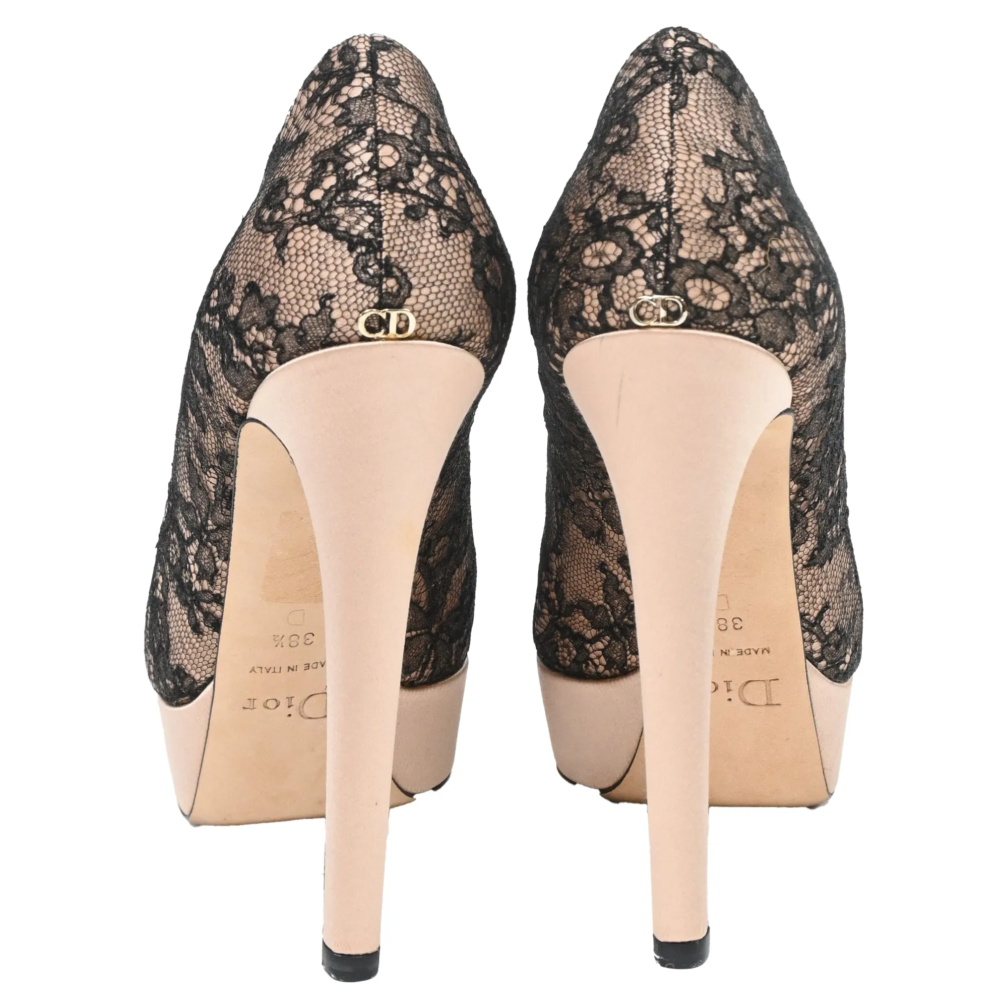 Dior Lace Detail Peep-Toe Pumps in Nude and Black Polyester