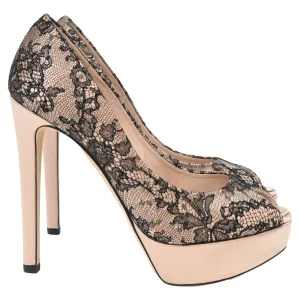 Dior Lace Detail Peep-Toe Pumps in Nude and Black Polyester