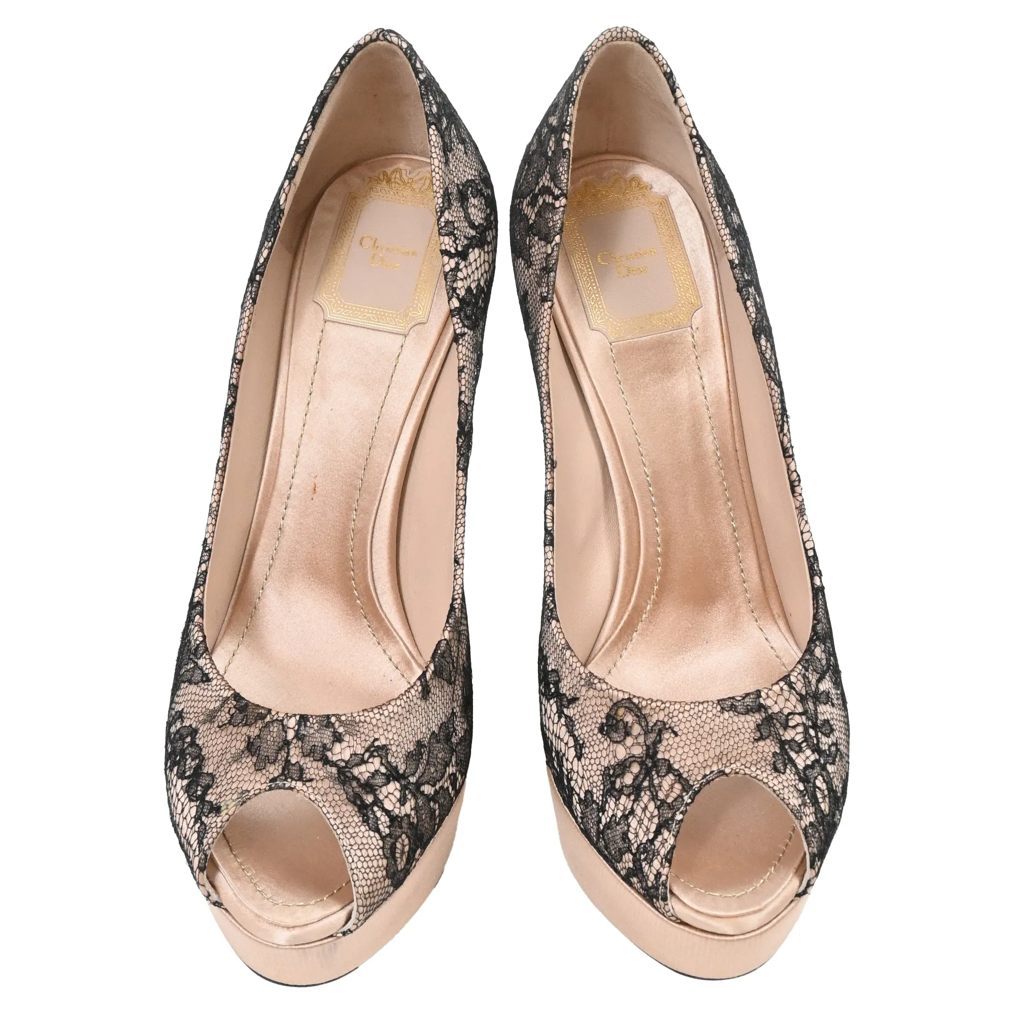 Dior Lace Detail Peep-Toe Pumps in Nude and Black Polyester