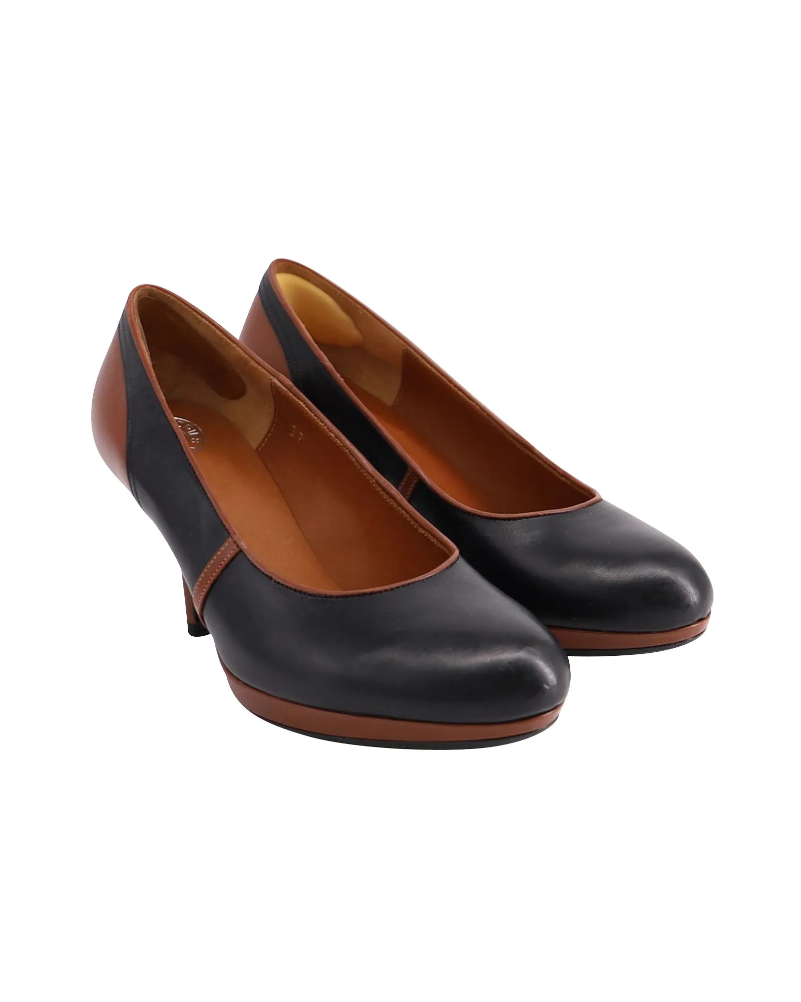 Dries Van Noten Two-Tone Kitten Pumps in Black/Brown Leather