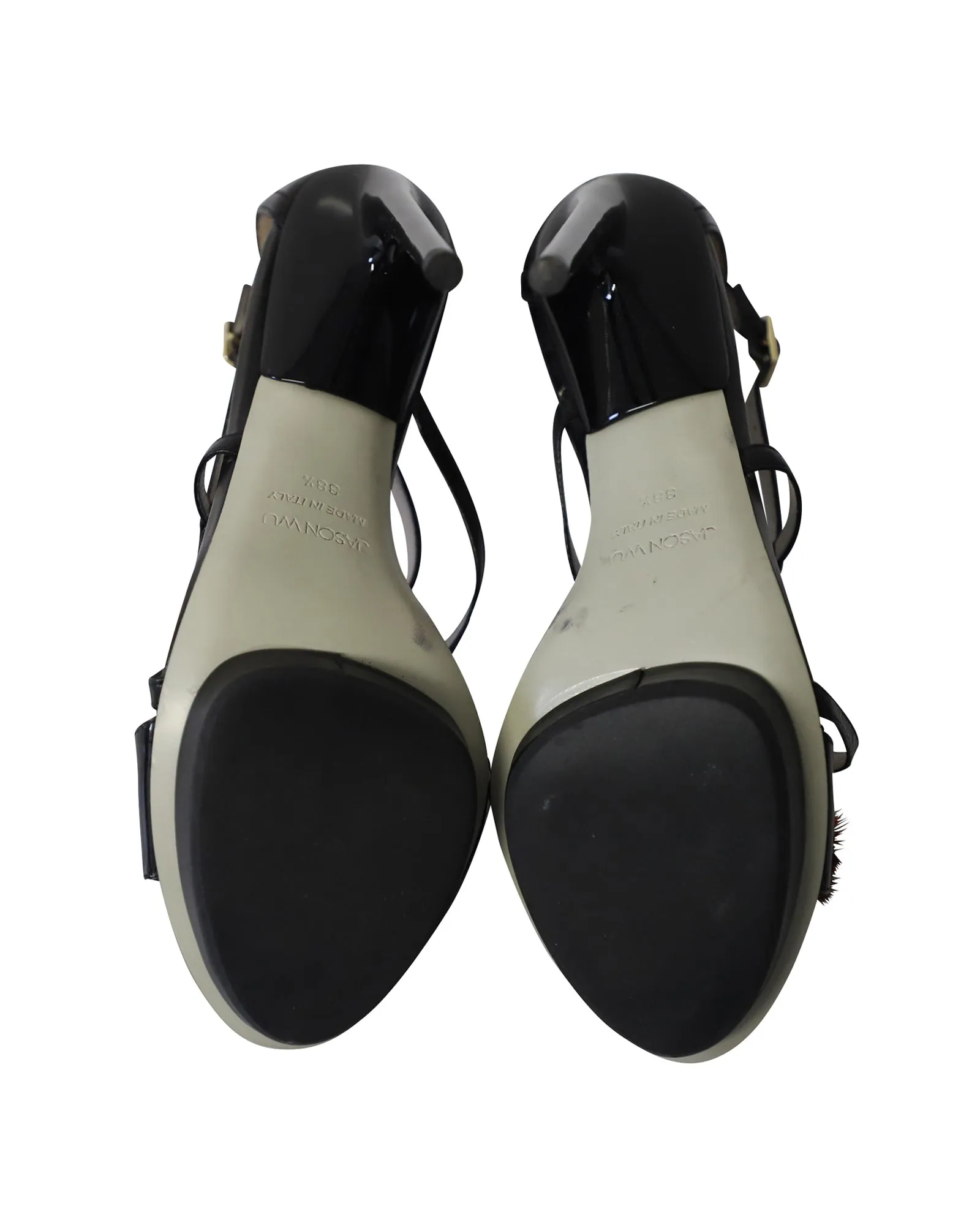 Jason Wu Faux Feather Embellished High Heel Sandals in Black Leather