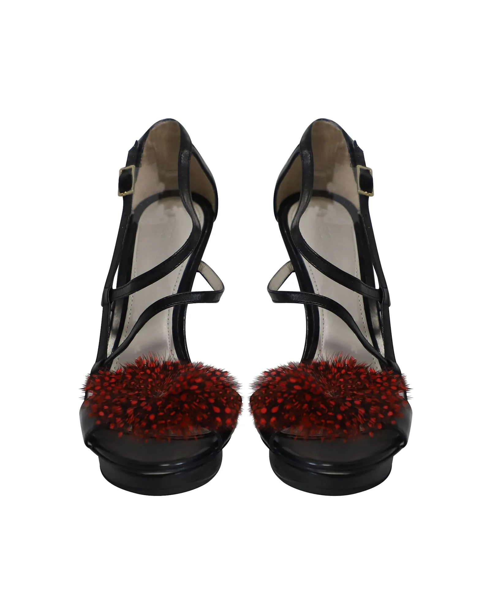 Jason Wu Faux Feather Embellished High Heel Sandals in Black Leather