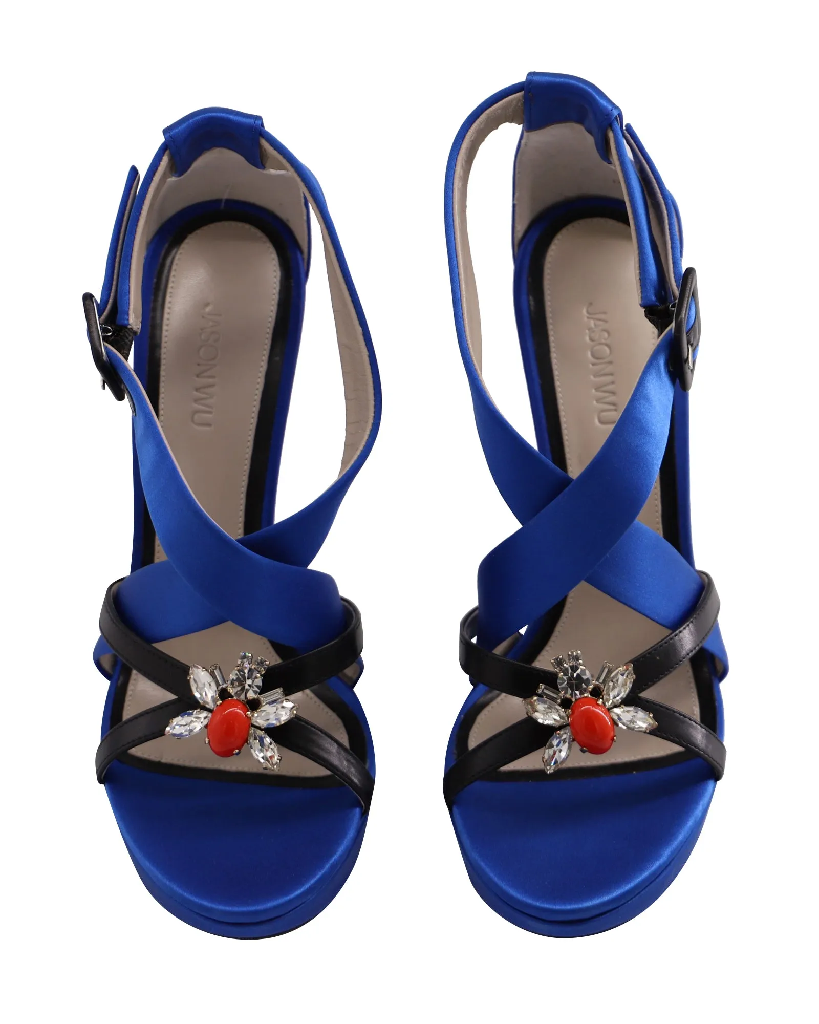 Jason Wu Marisa Crystal Embellished Platform Sandals in Blue Satin