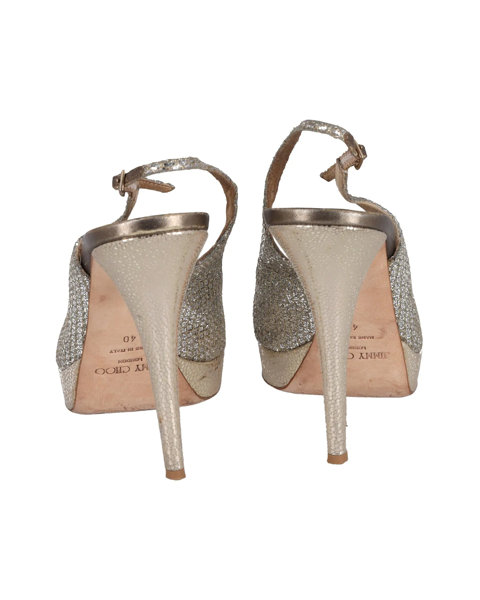 Jimmy Choo Nova Peep Toe Slingback Sandals in Silver Glitter And Lurex Fabric