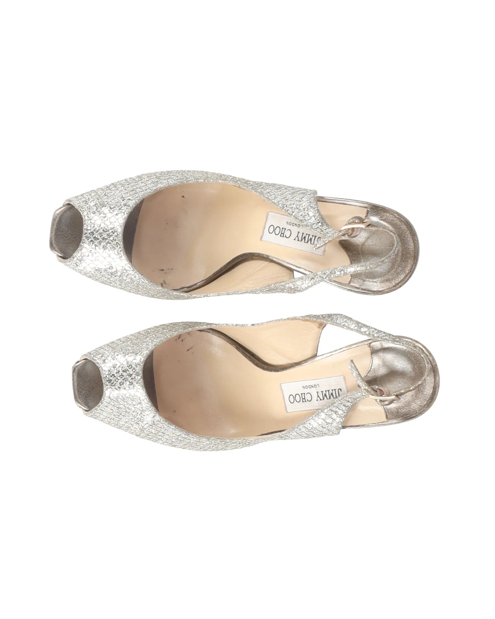 Jimmy Choo Nova Peep Toe Slingback Sandals in Silver Glitter And Lurex Fabric
