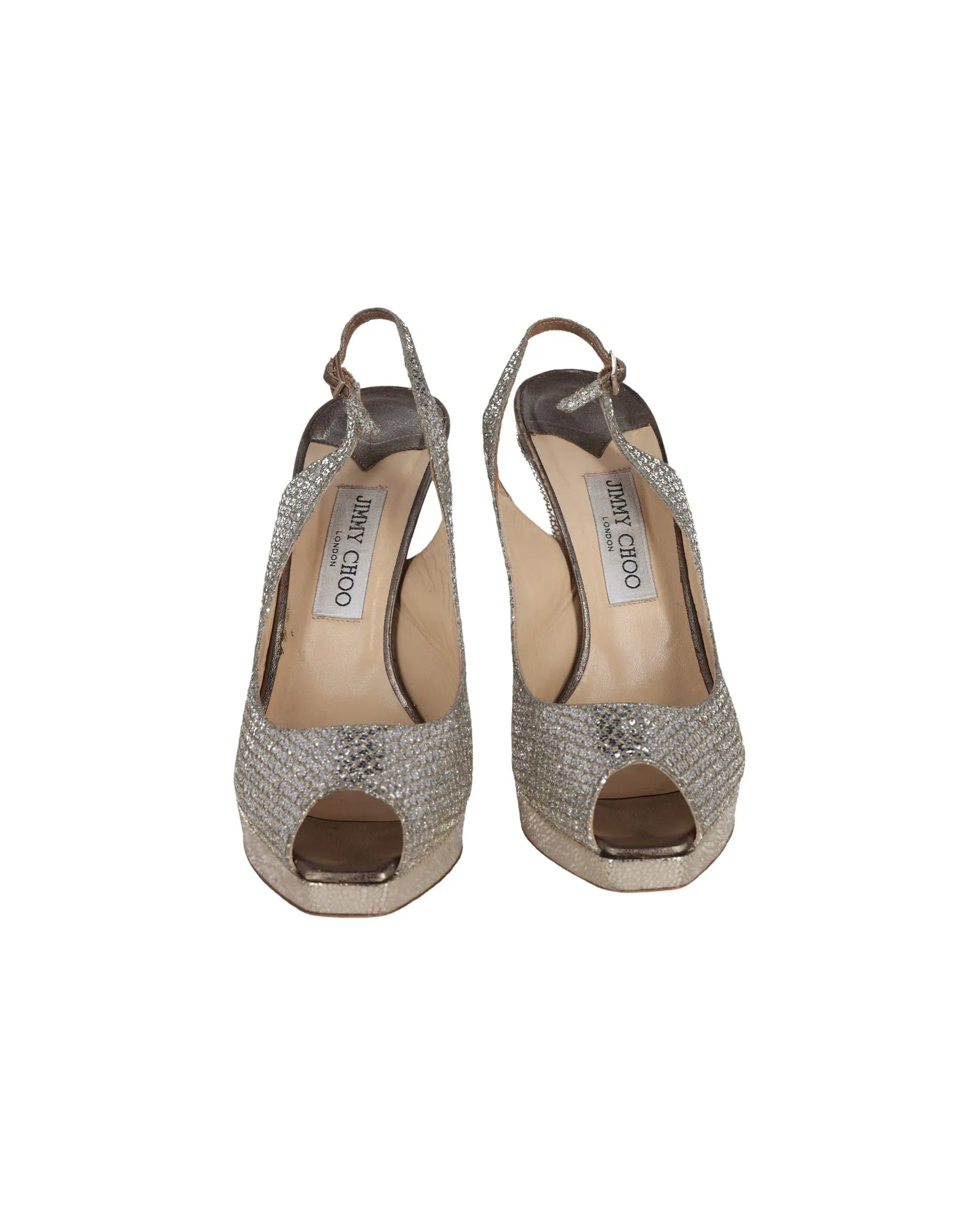 Jimmy Choo Nova Peep Toe Slingback Sandals in Silver Glitter And Lurex Fabric