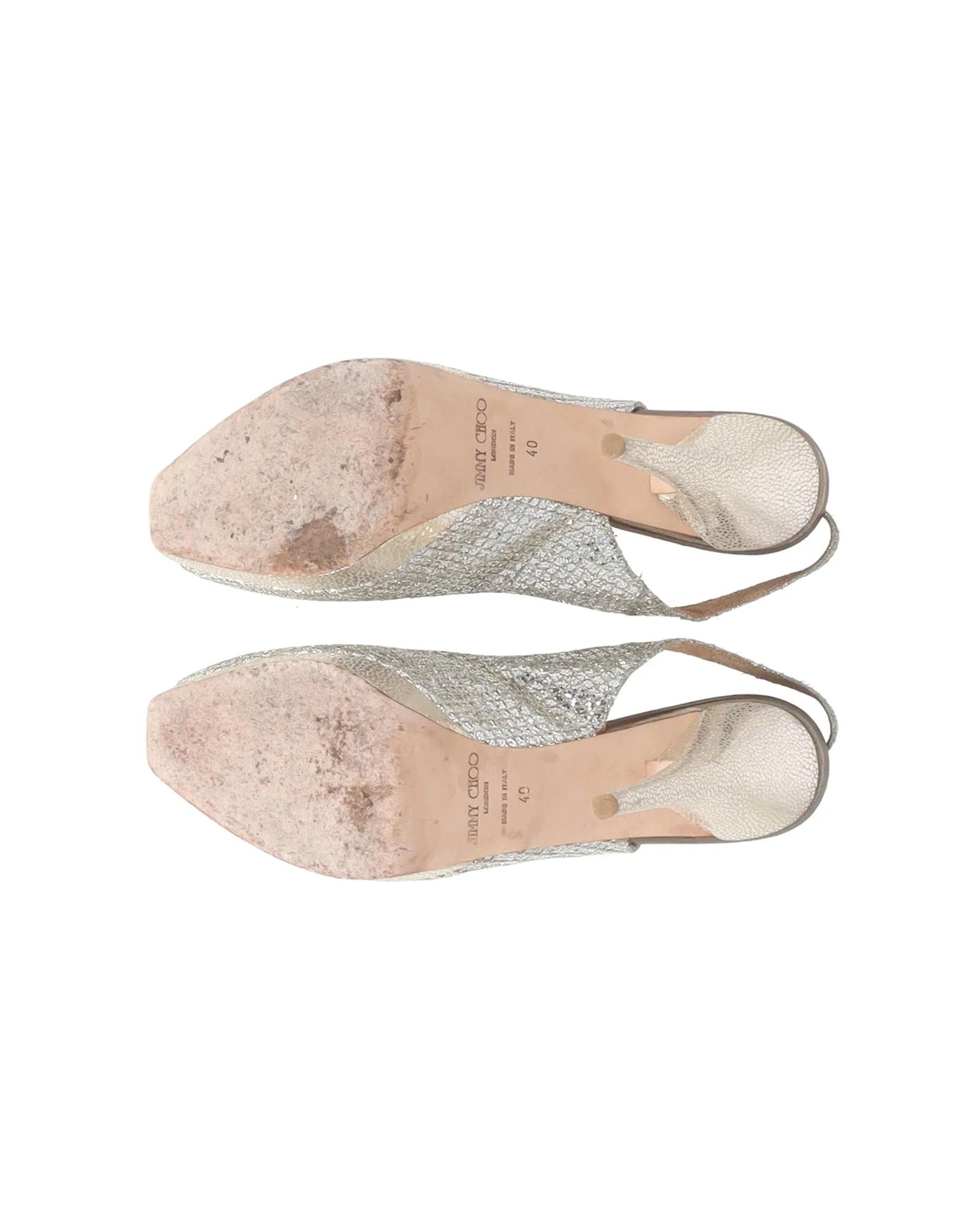 Jimmy Choo Nova Peep Toe Slingback Sandals in Silver Glitter And Lurex Fabric