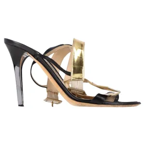 Jimmy Choo T-Strap Heel Sandals in Black and Gold Leather