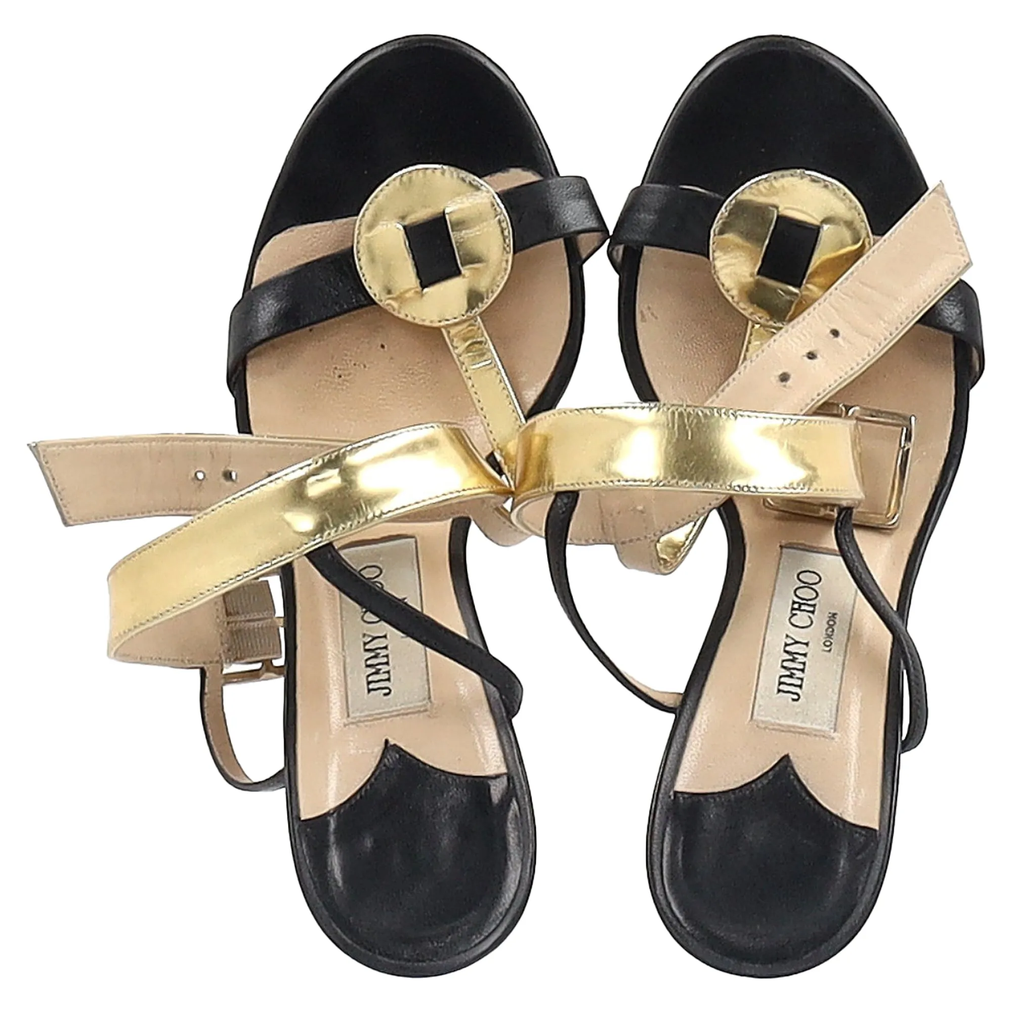Jimmy Choo T-Strap Heel Sandals in Black and Gold Leather