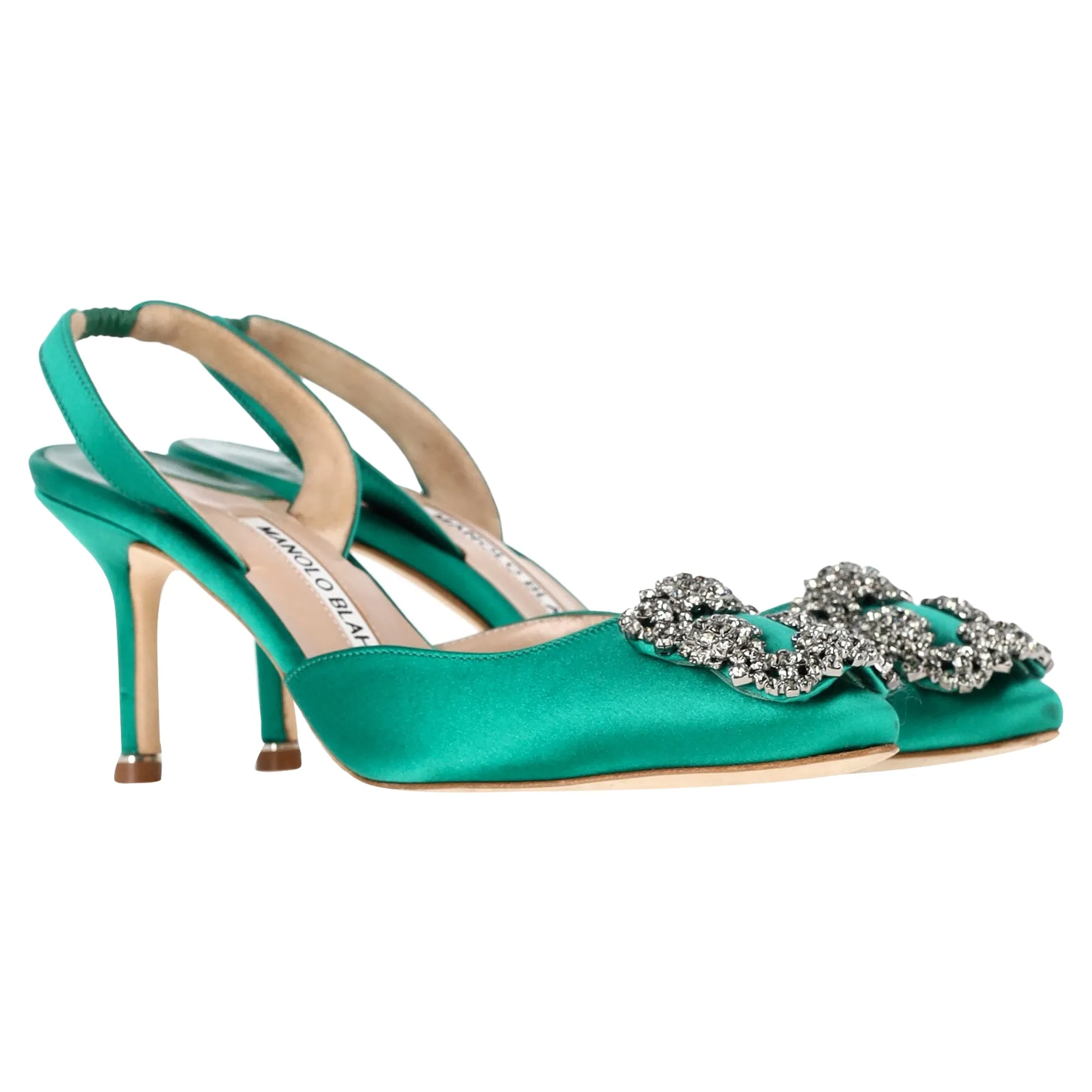 Manolo Blahnik Hangisi70 Embellished Slingback Pumps in Green Satin