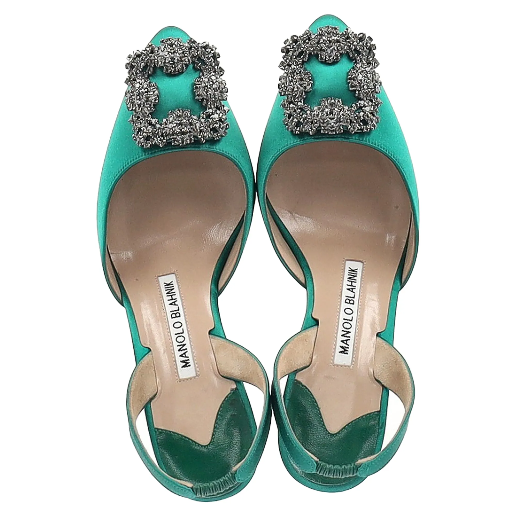 Manolo Blahnik Hangisi70 Embellished Slingback Pumps in Green Satin