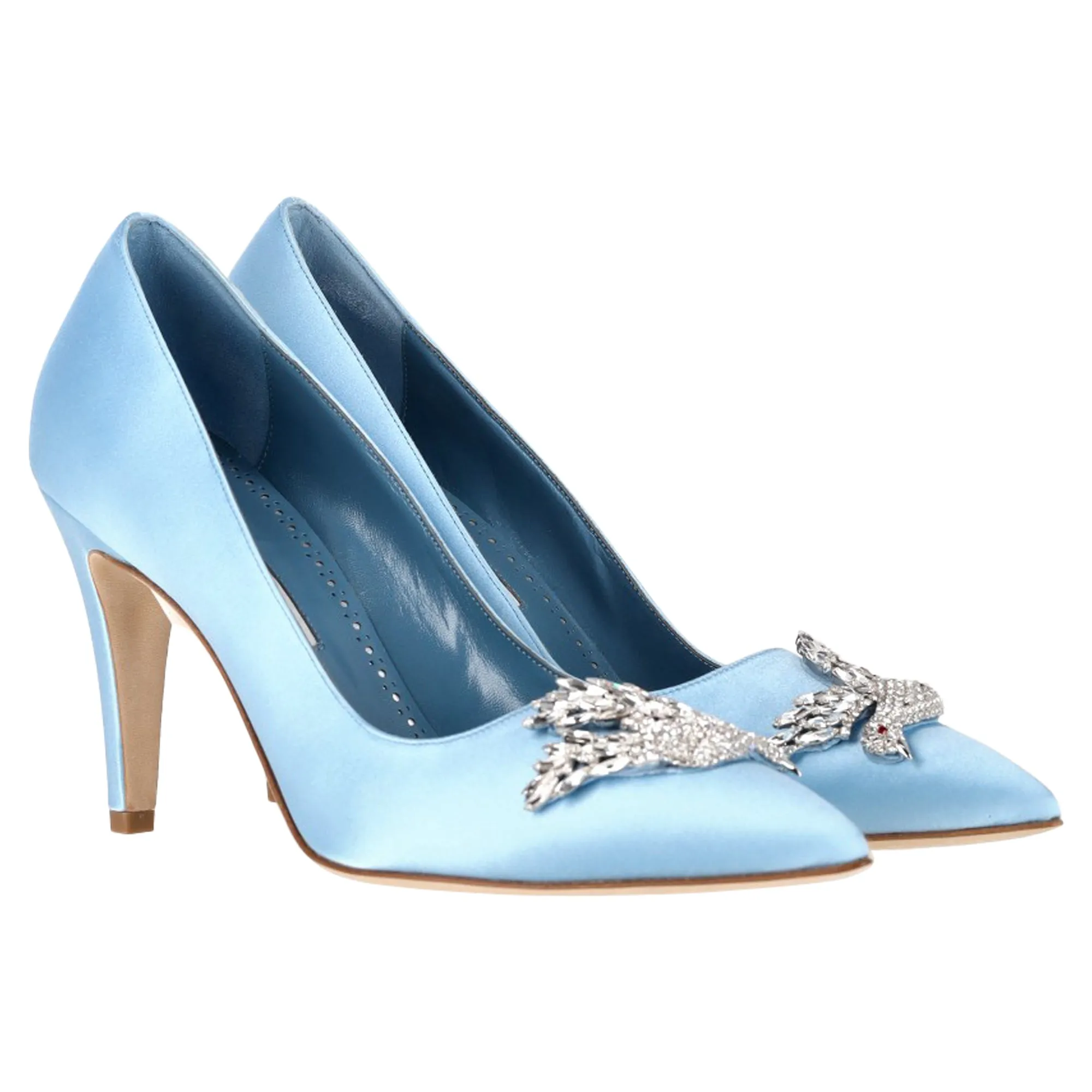 Manolo Blahnik Palos 90mm Rhinestone-Bird Pumps in Light Blue Satin