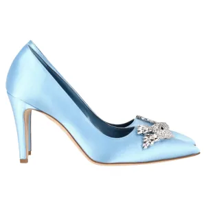 Manolo Blahnik Palos 90mm Rhinestone-Bird Pumps in Light Blue Satin