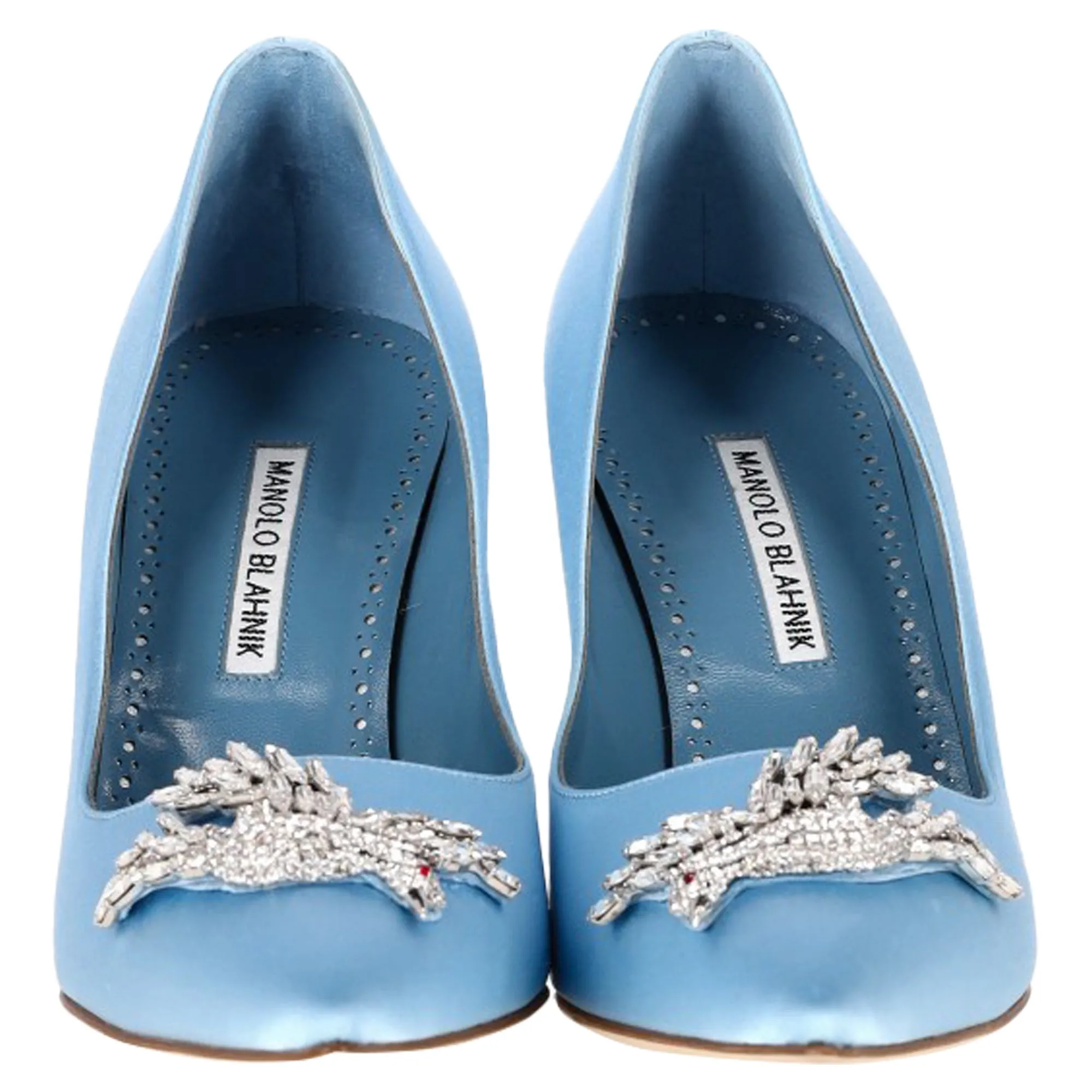 Manolo Blahnik Palos 90mm Rhinestone-Bird Pumps in Light Blue Satin