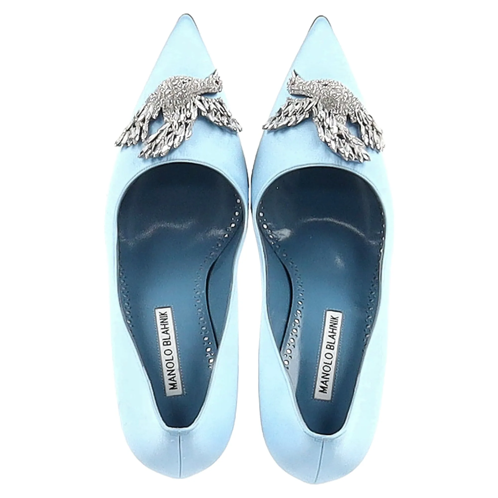 Manolo Blahnik Palos 90mm Rhinestone-Bird Pumps in Light Blue Satin