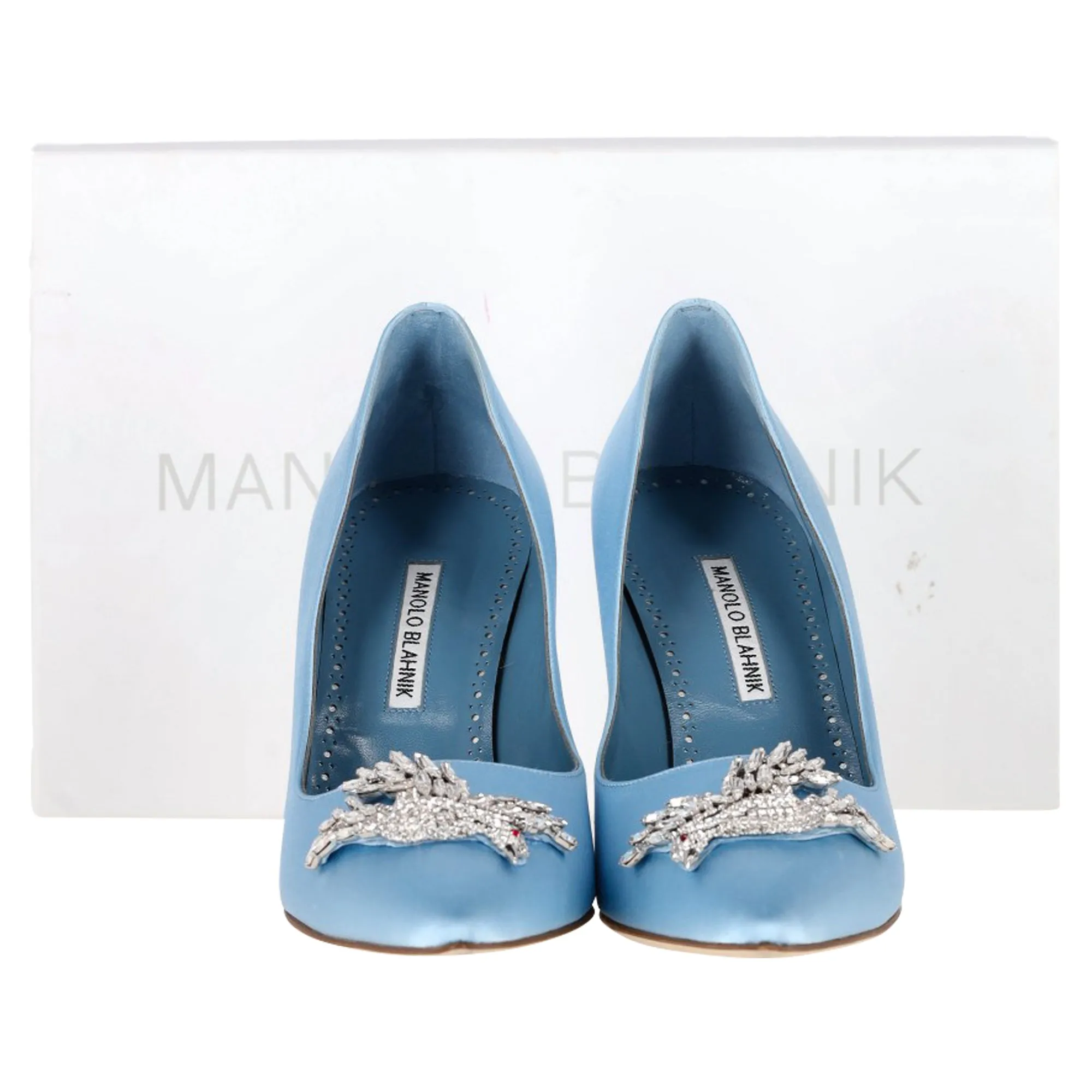 Manolo Blahnik Palos 90mm Rhinestone-Bird Pumps in Light Blue Satin