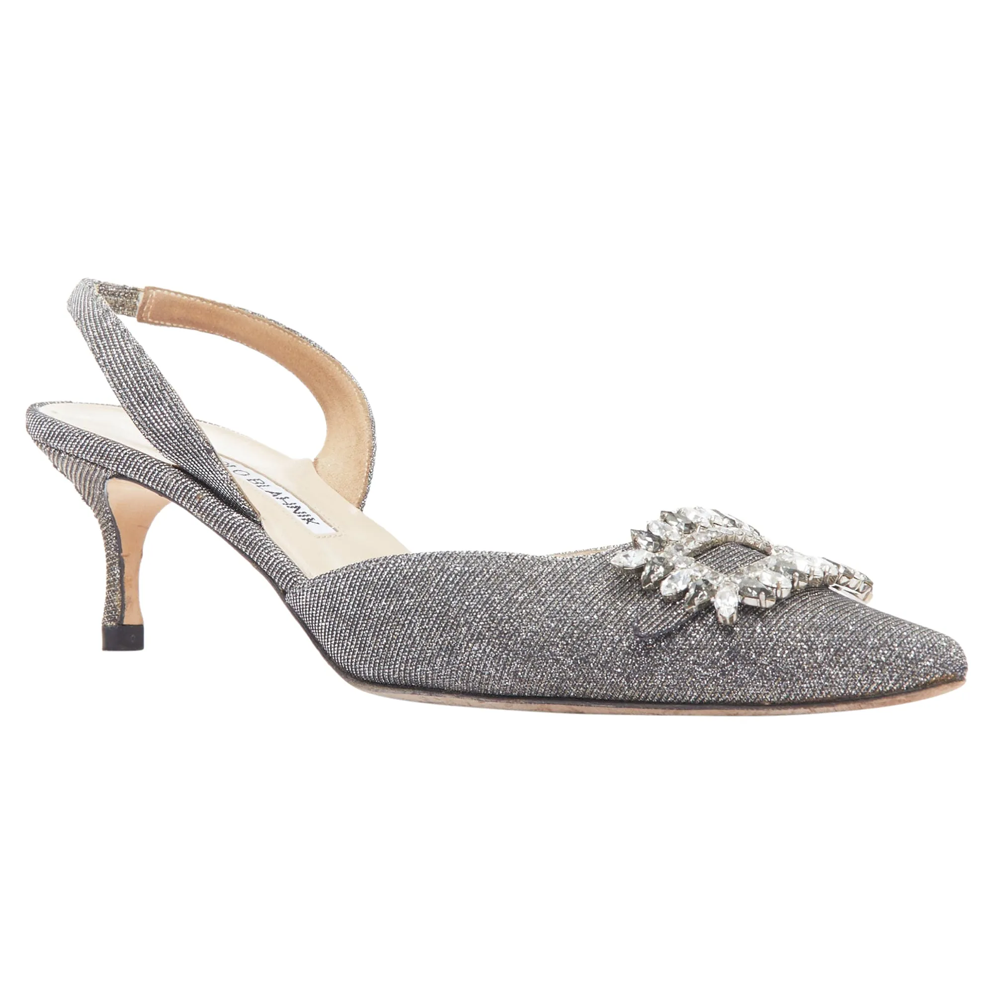 Manolo Blahnik Tonoslac metallic fabric buckle sling heels