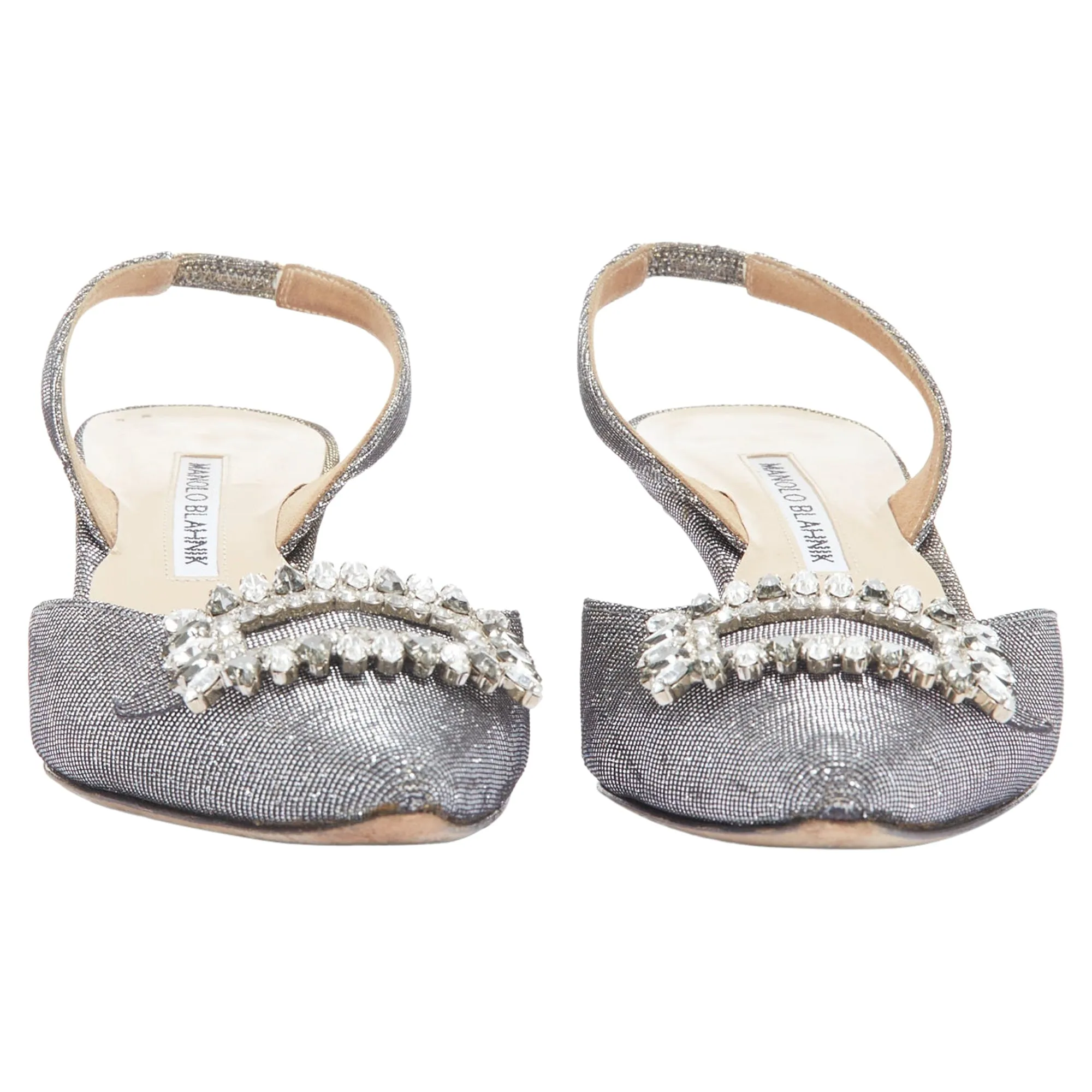 Manolo Blahnik Tonoslac metallic fabric buckle sling heels