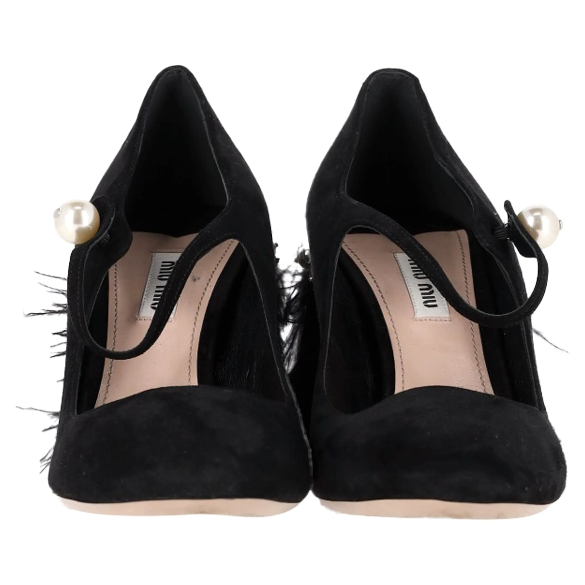 Miu Miu Feather-trimmed Mary Jane Pumps In Black Suede