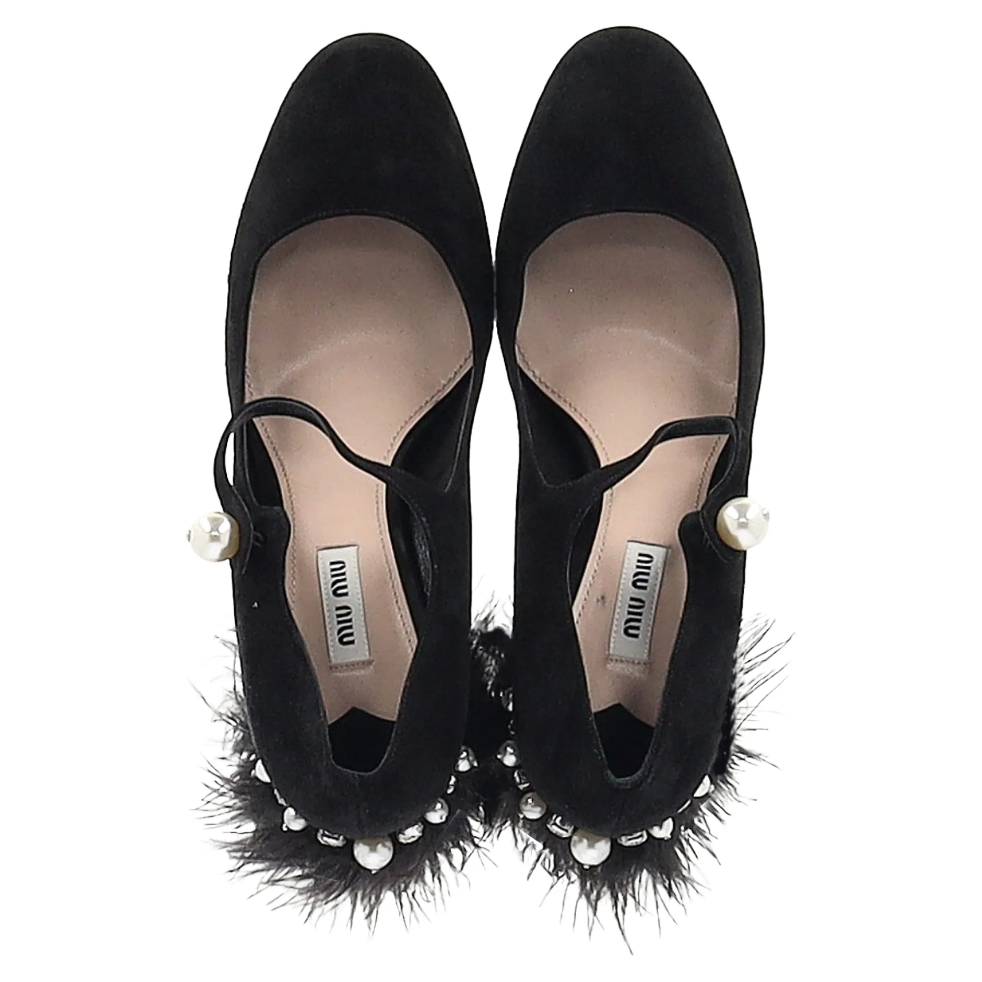 Miu Miu Feather-trimmed Mary Jane Pumps In Black Suede