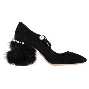 Miu Miu Feather-trimmed Mary Jane Pumps In Black Suede