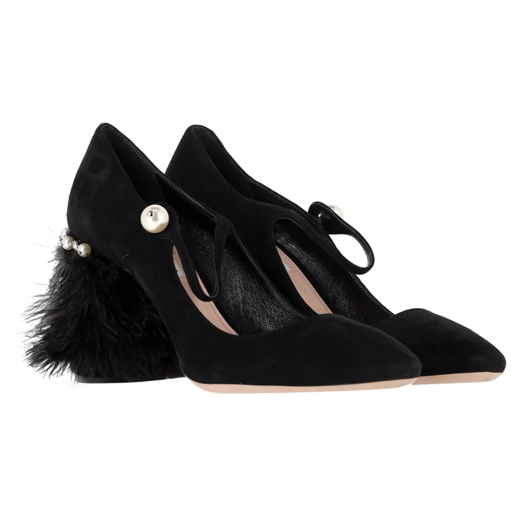 Miu Miu Feather-trimmed Mary Jane Pumps In Black Suede