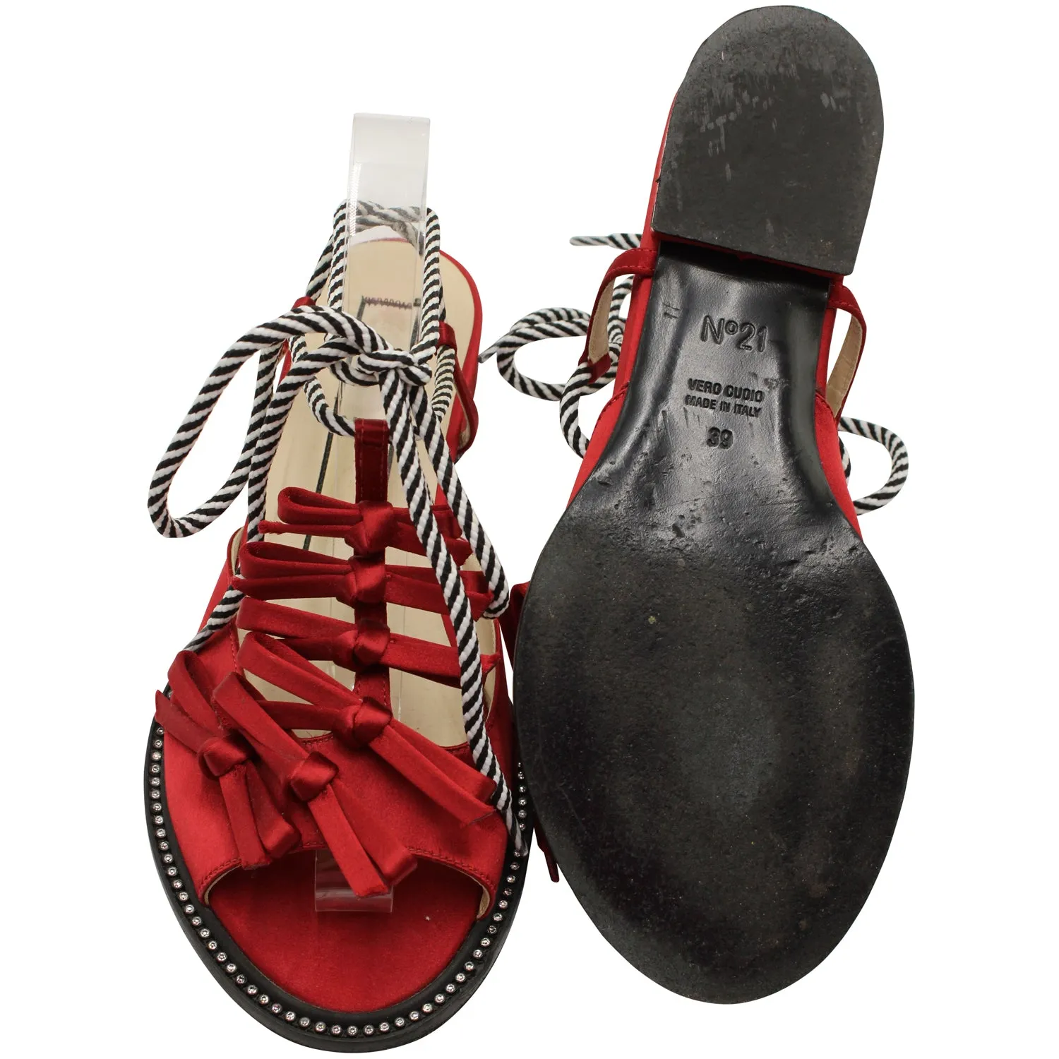 N21 Ankle Tie Sandals in Red Satin