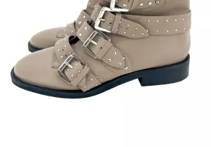 Paige Nude Leather Studded Buckle Straps Ankle Boots In Beige