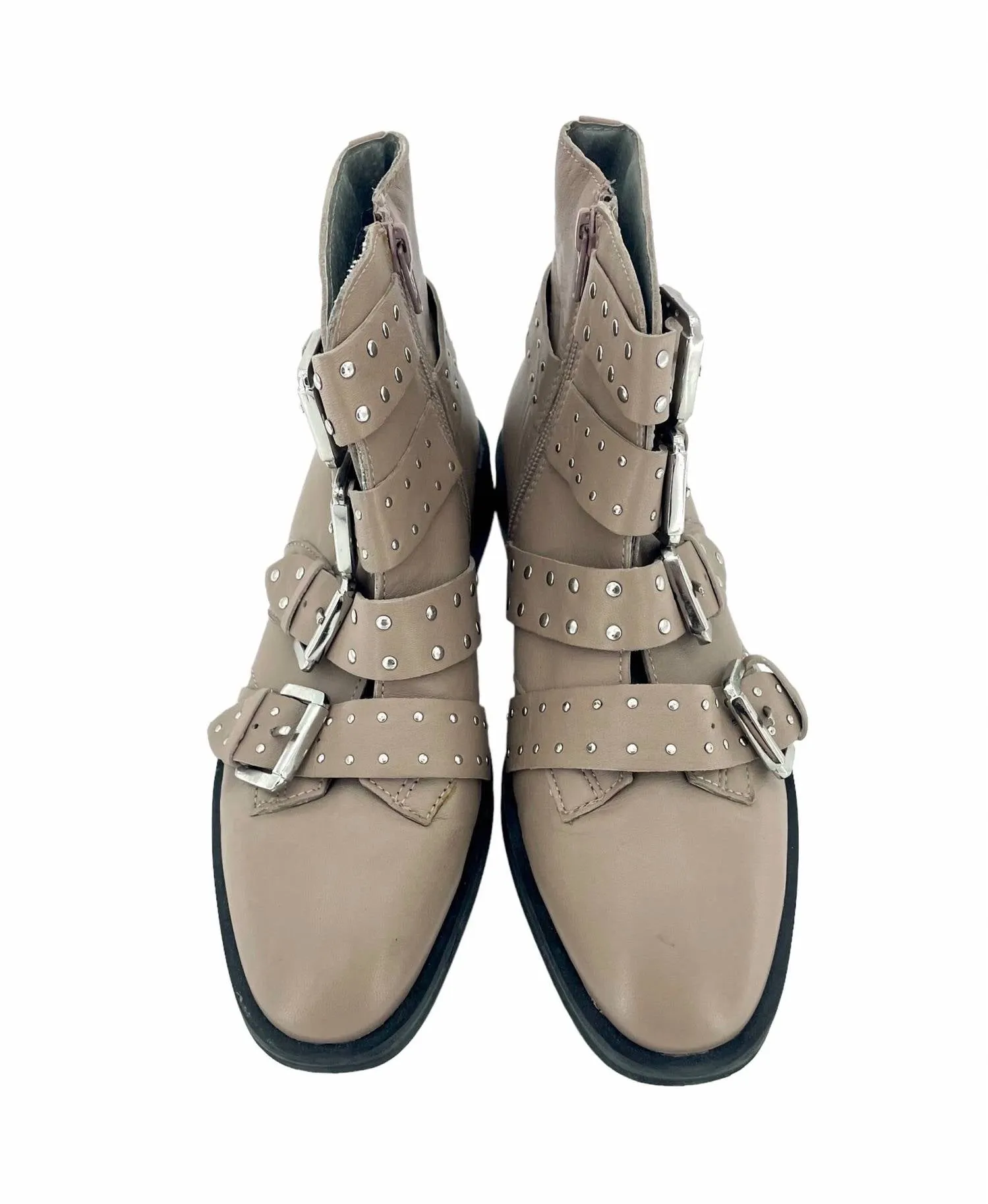 Paige Nude Leather Studded Buckle Straps Ankle Boots In Beige