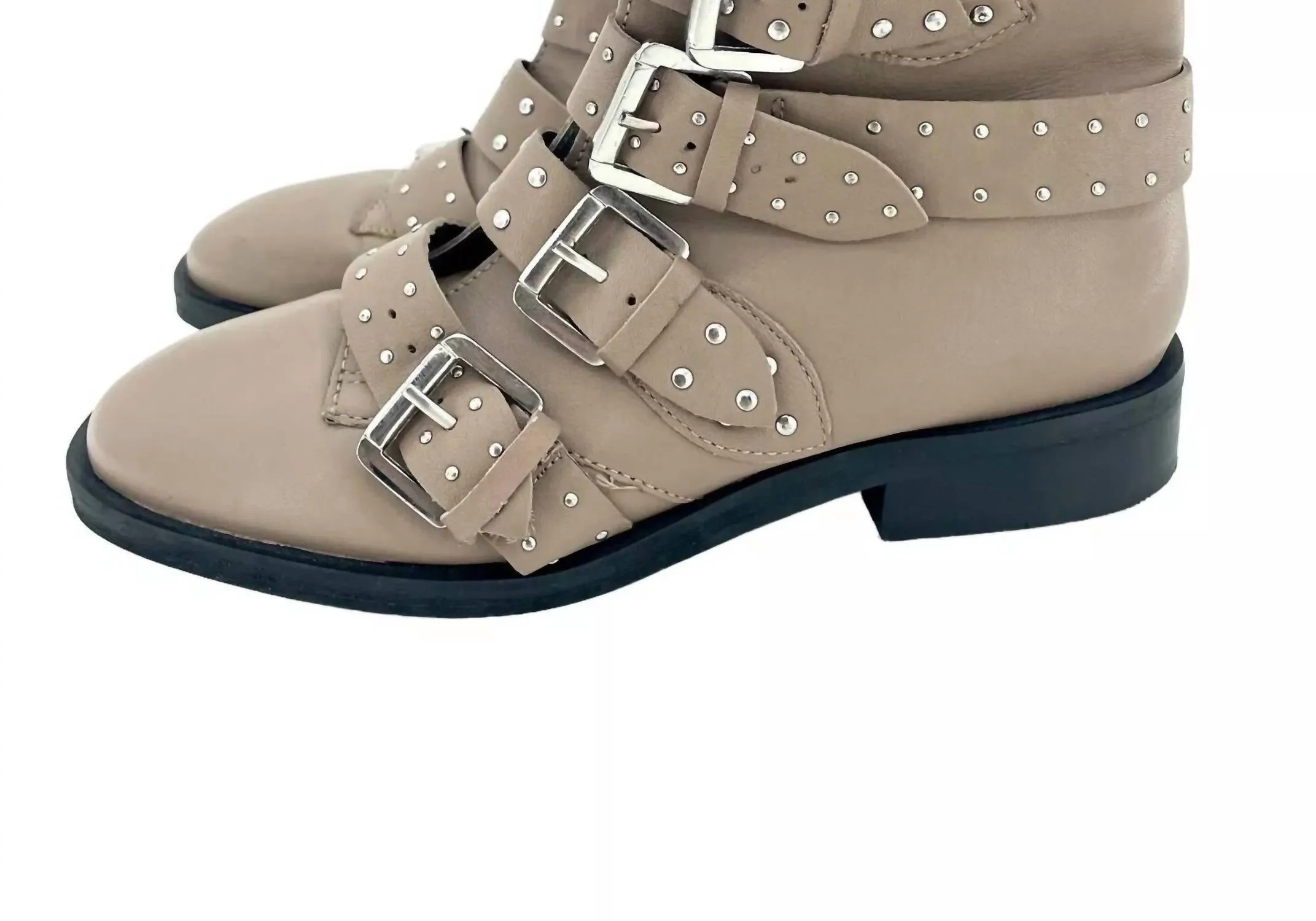 Paige Nude Leather Studded Buckle Straps Ankle Boots In Beige