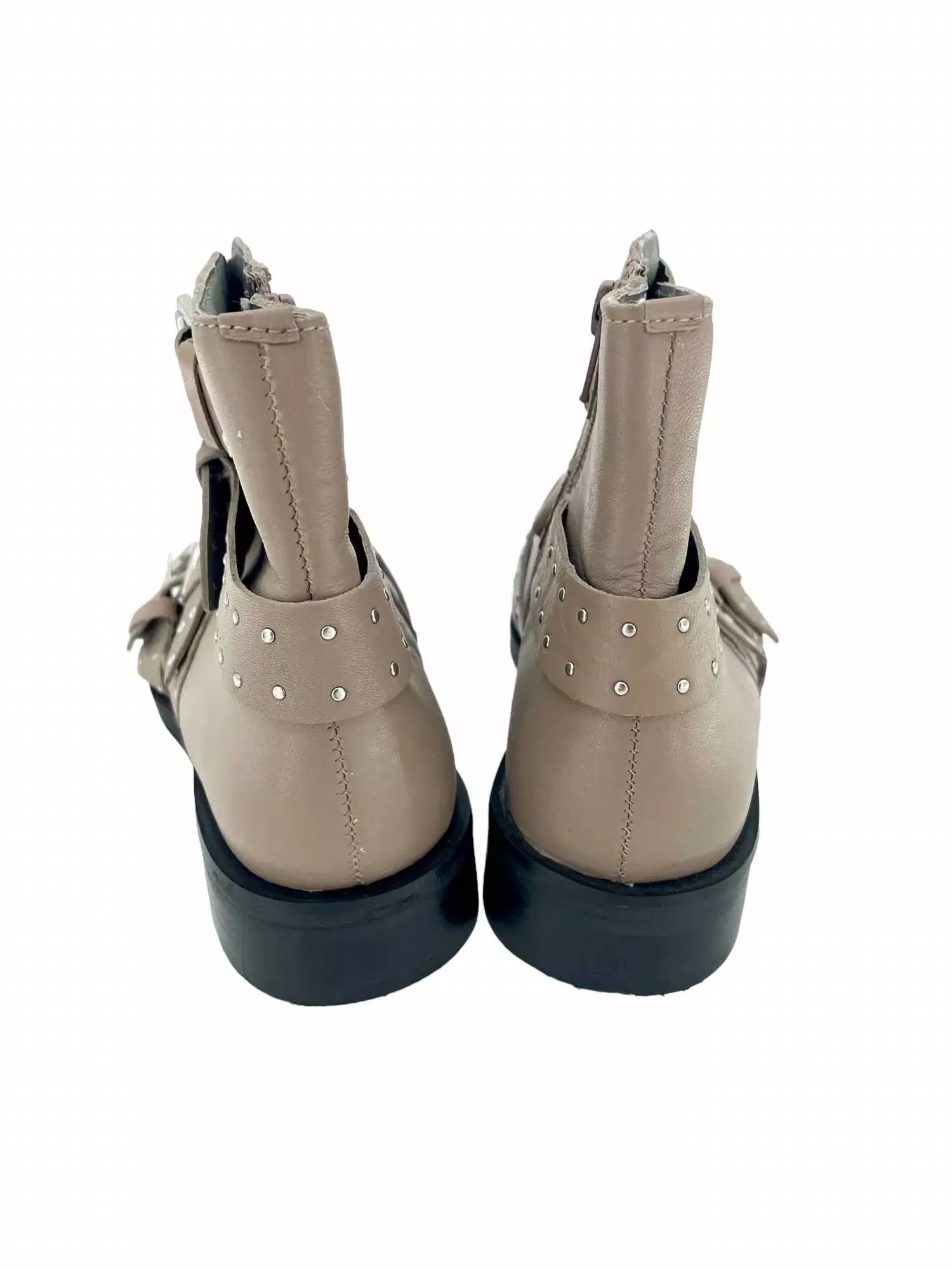 Paige Nude Leather Studded Buckle Straps Ankle Boots In Beige