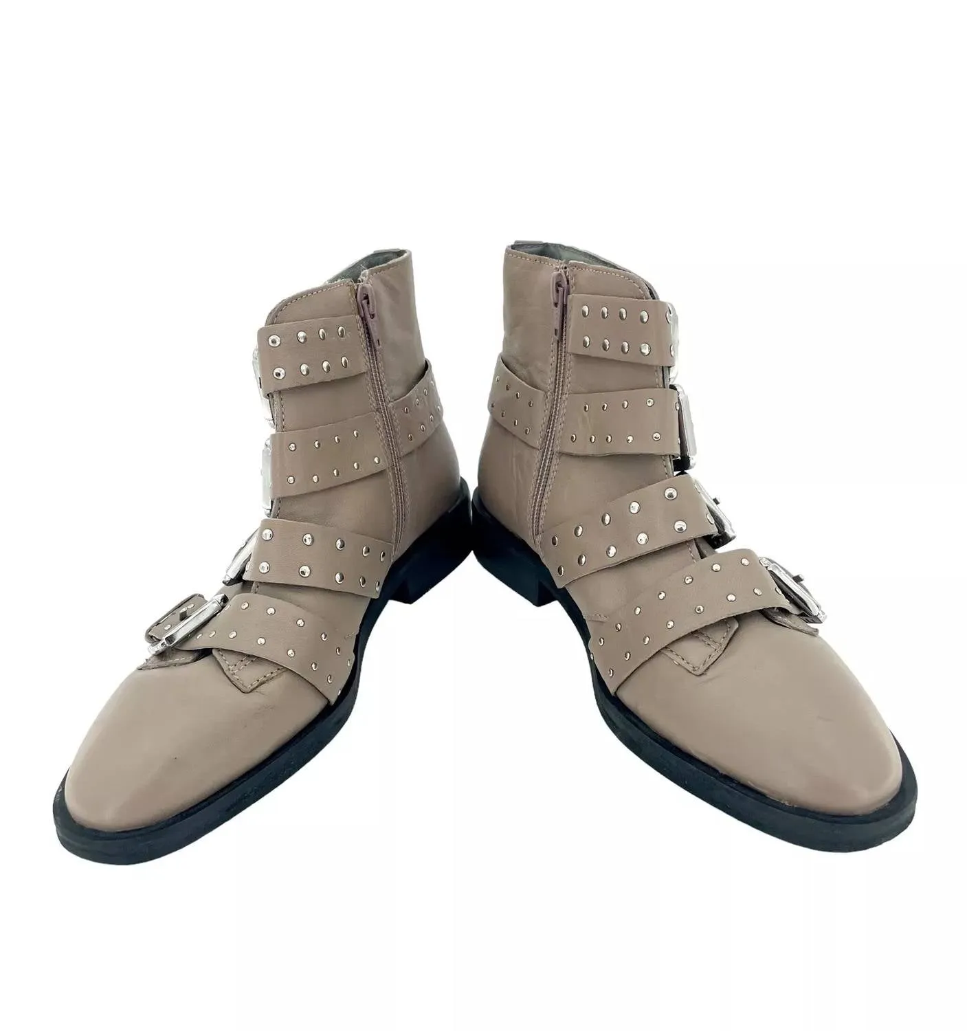 Paige Nude Leather Studded Buckle Straps Ankle Boots In Beige