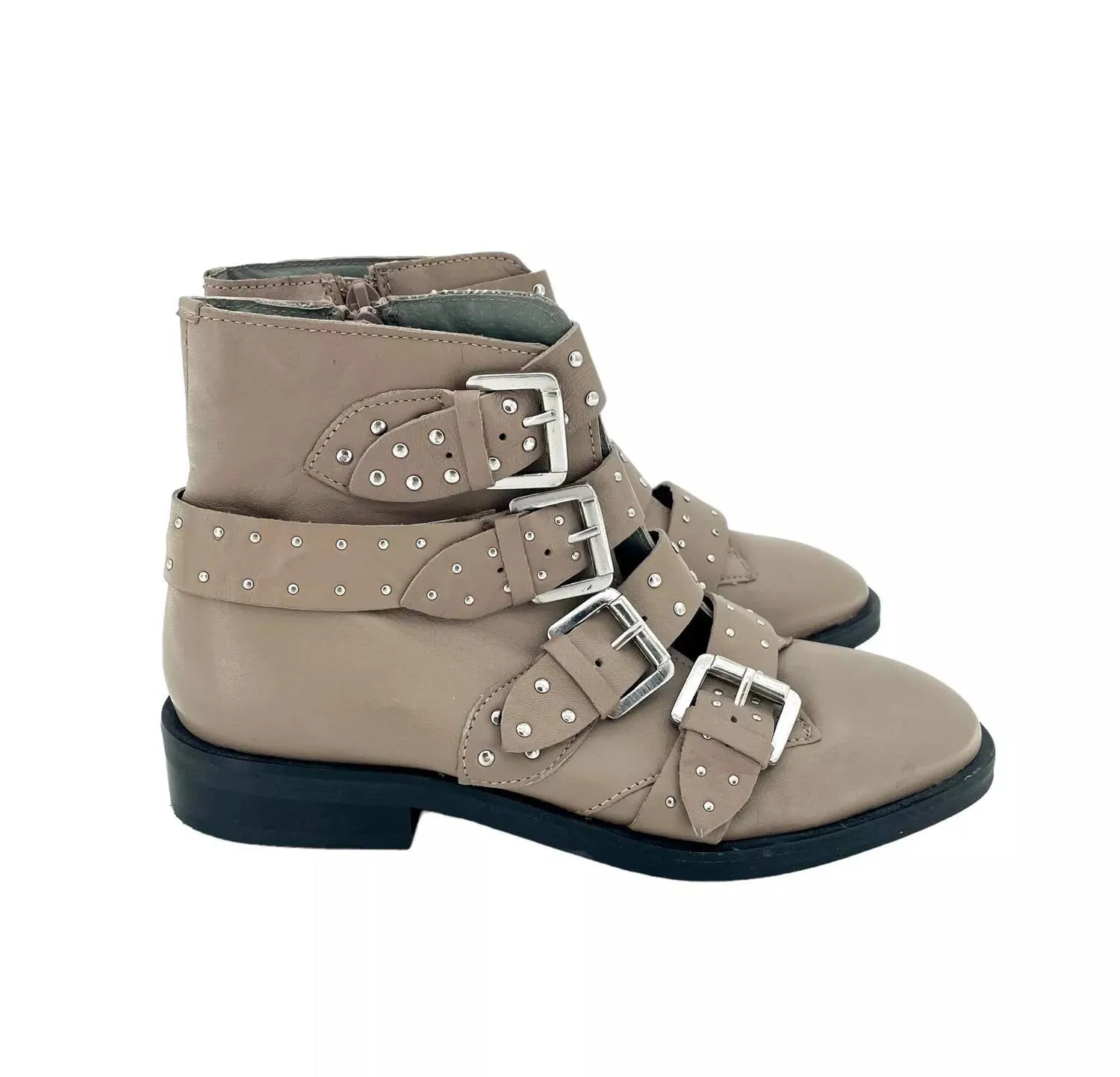 Paige Nude Leather Studded Buckle Straps Ankle Boots In Beige