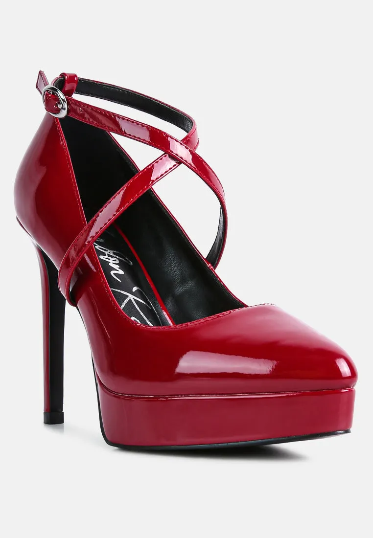 pixie dust patent faux leather cross strap pumps