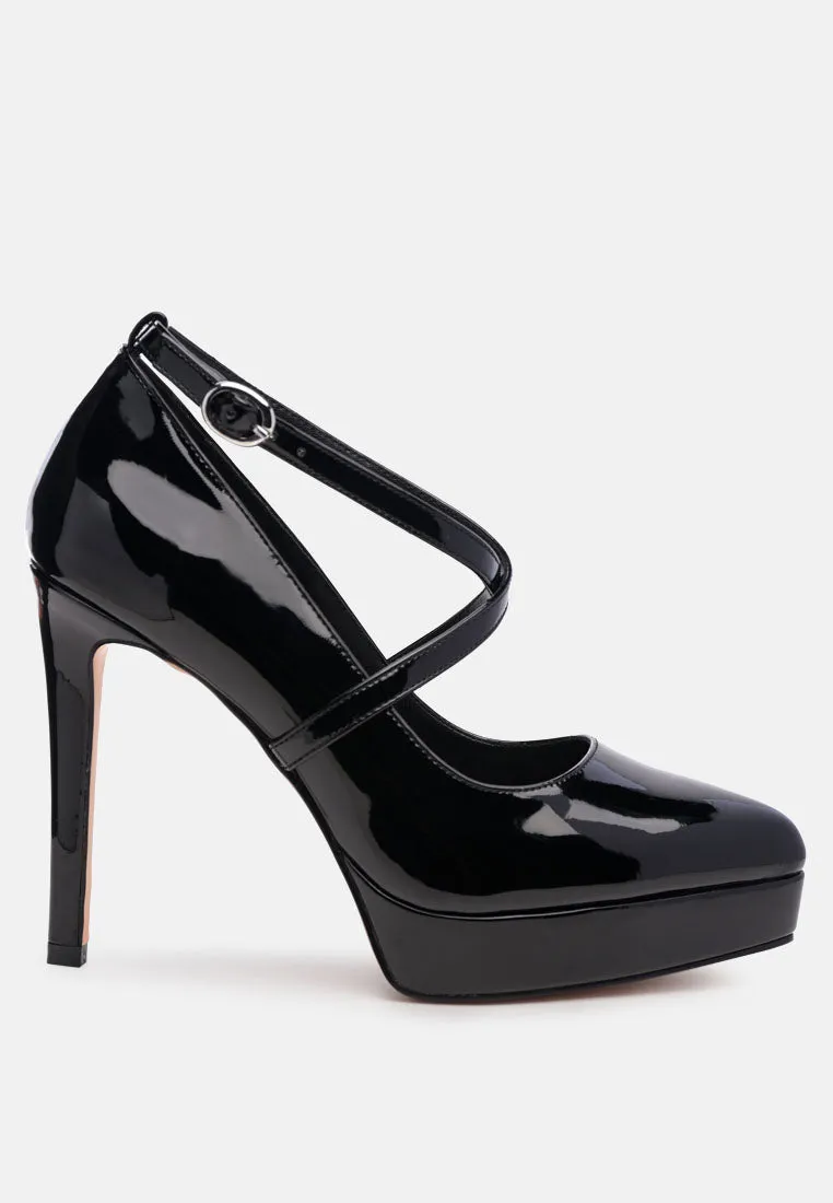 pixie dust patent faux leather cross strap pumps