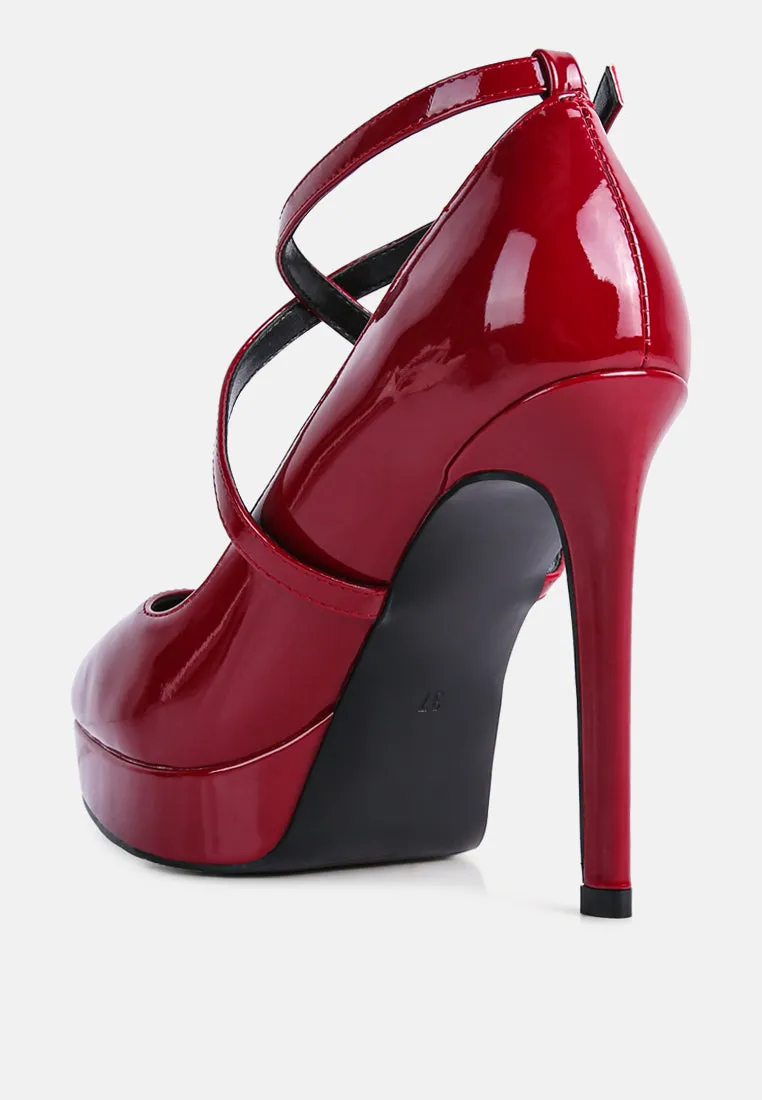 pixie dust patent faux leather cross strap pumps