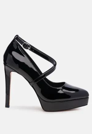 pixie dust patent faux leather cross strap pumps