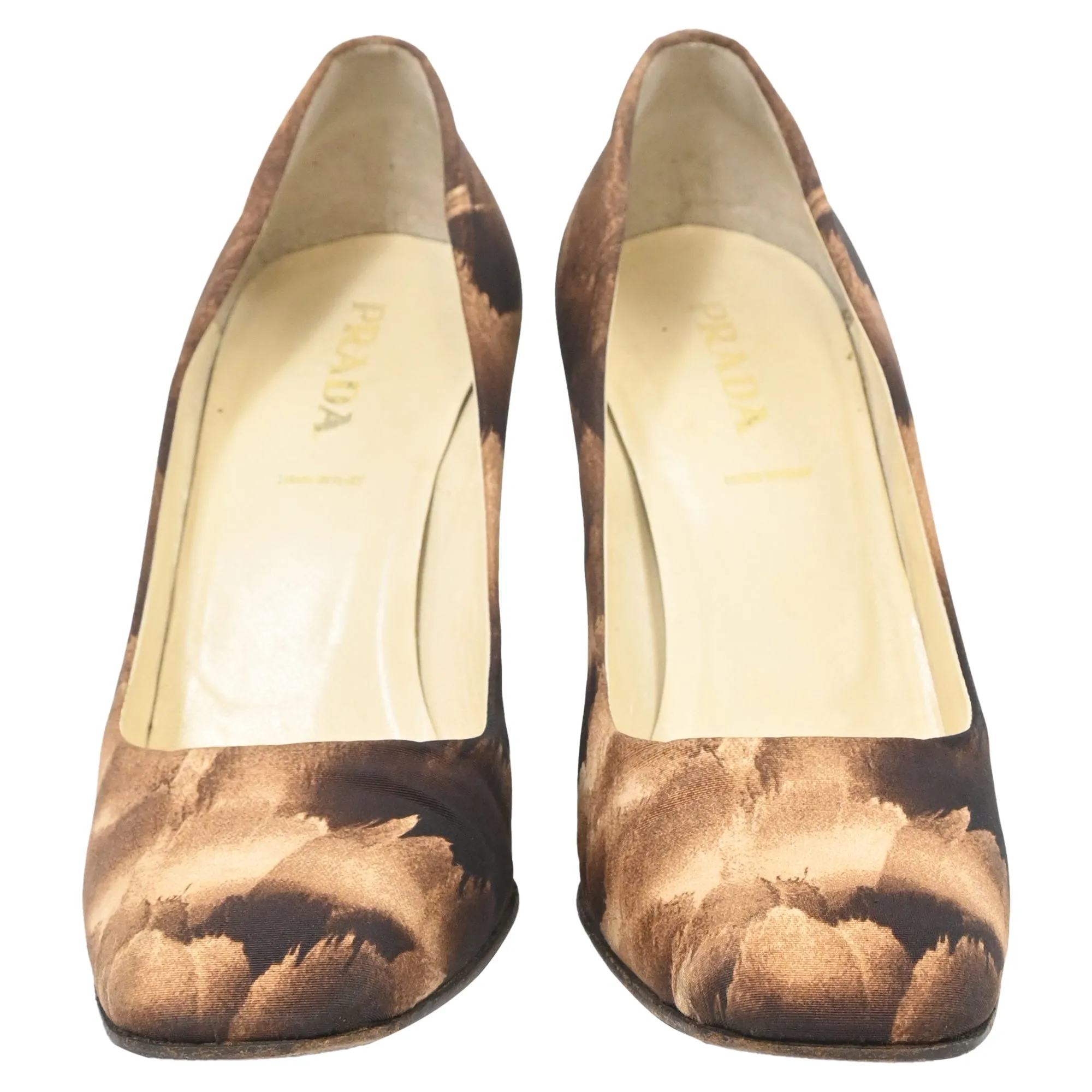 Prada Printed Block-Heel Pumps in Brown Satin